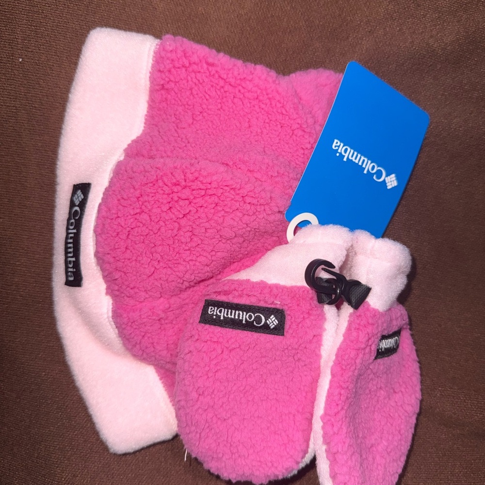 Columbia Pink Fleece Kids Hat and Mittens